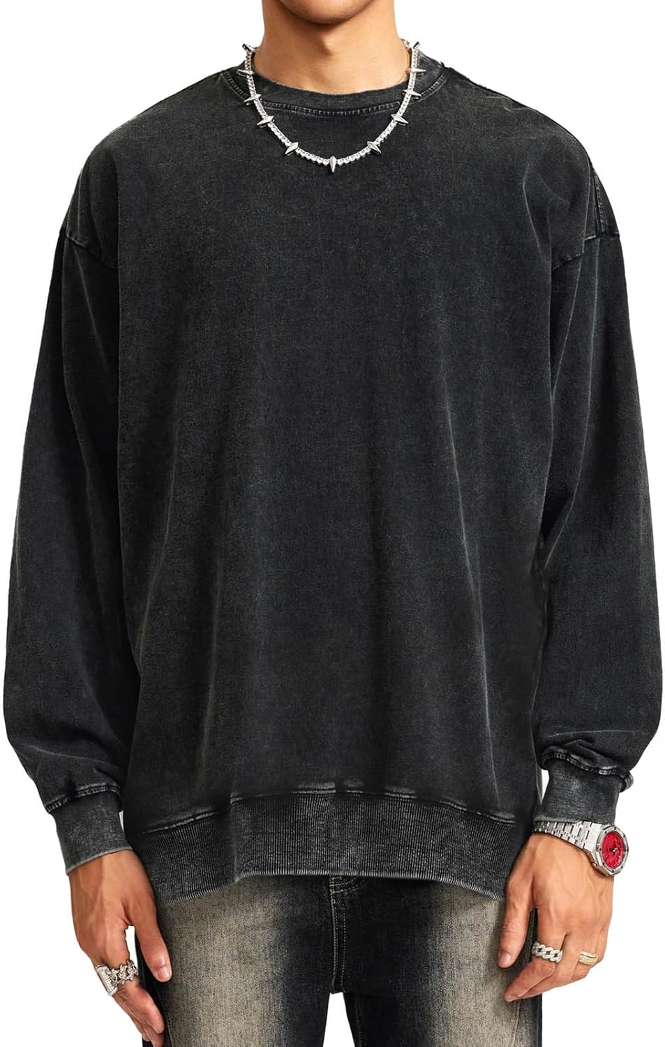 BINTEHGS Mens Oversized Vintage Sweatshirts Acid Wash Plain Crewneck Sweatshirt Streetwear Unisex Distressed Couple Pullover - Image 2