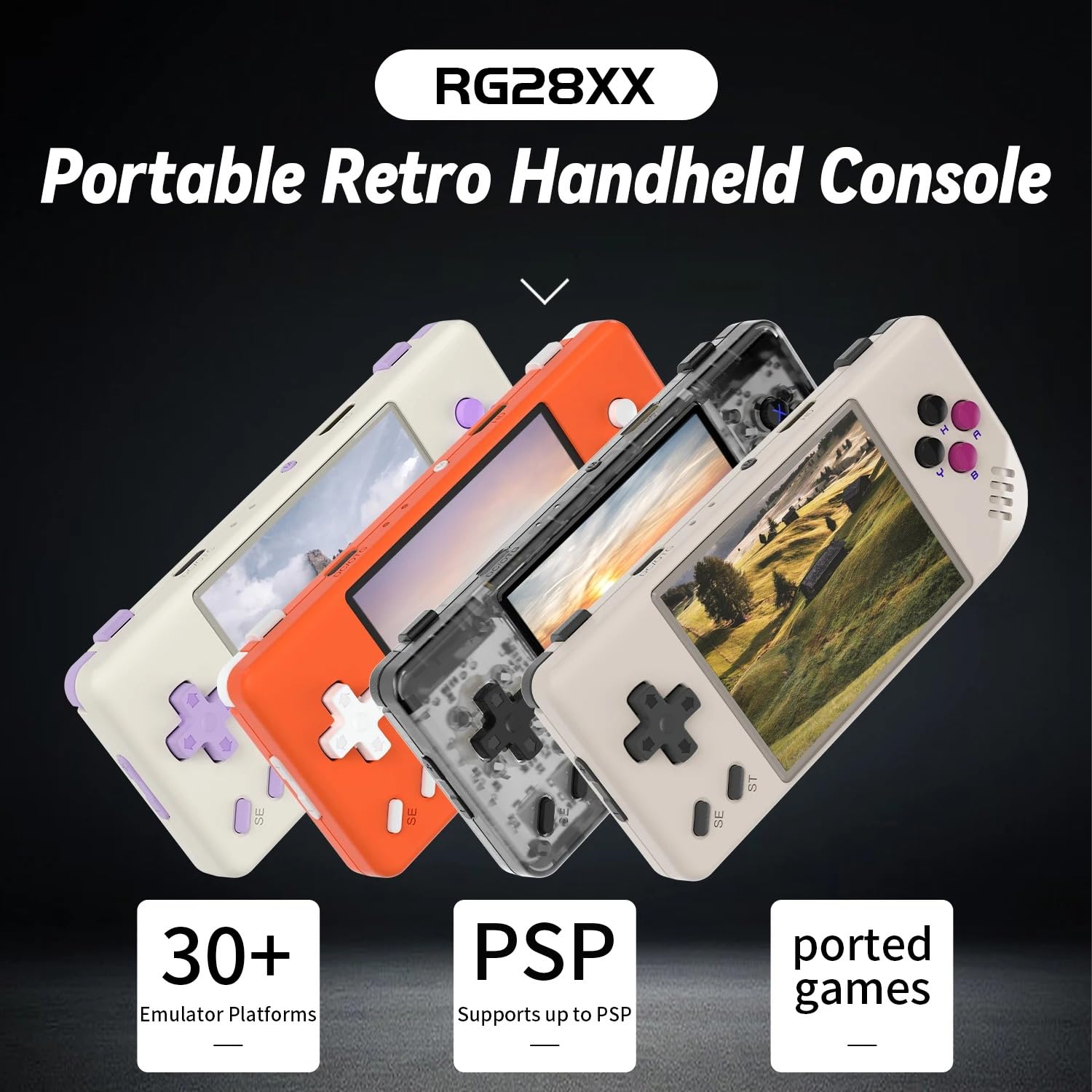 RG28XX przenośna konsola do gier retro, ekran IPS 2,83 cala 3100 mAH bateria system Linux, wbudowana karta TF 64 + 128 GB, ponad 1000 gier. Obsługa aplikacji multimedialnej i wyjścia TV HDMI