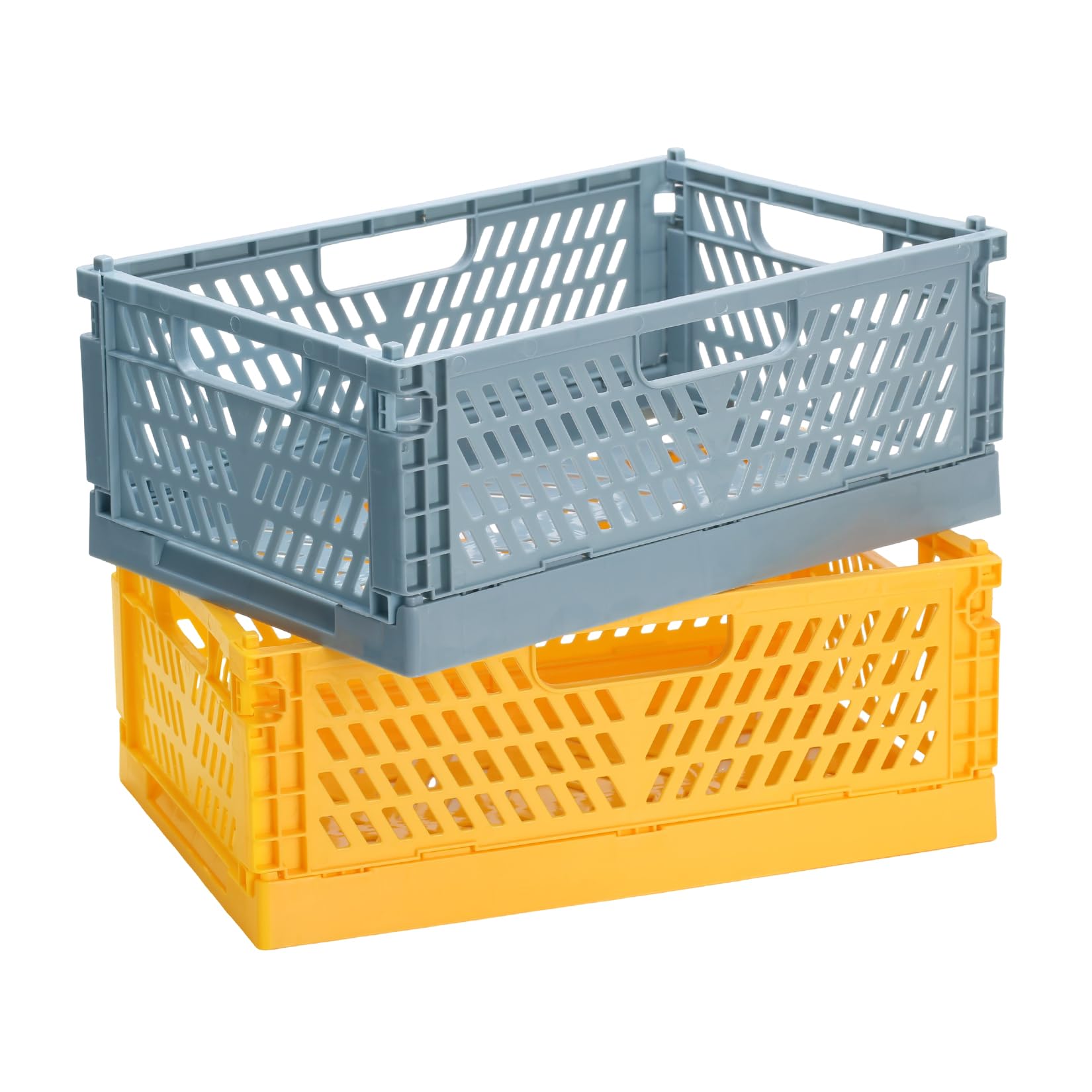 2 Pcs Collapsible Storage Box, Plastic Stackable Folding Storage CratesStorage Baskets, Folding Crate with Handles for Office Kitchen Bathroom Desktop(12x7.87x4.5, Yellow/Blue)