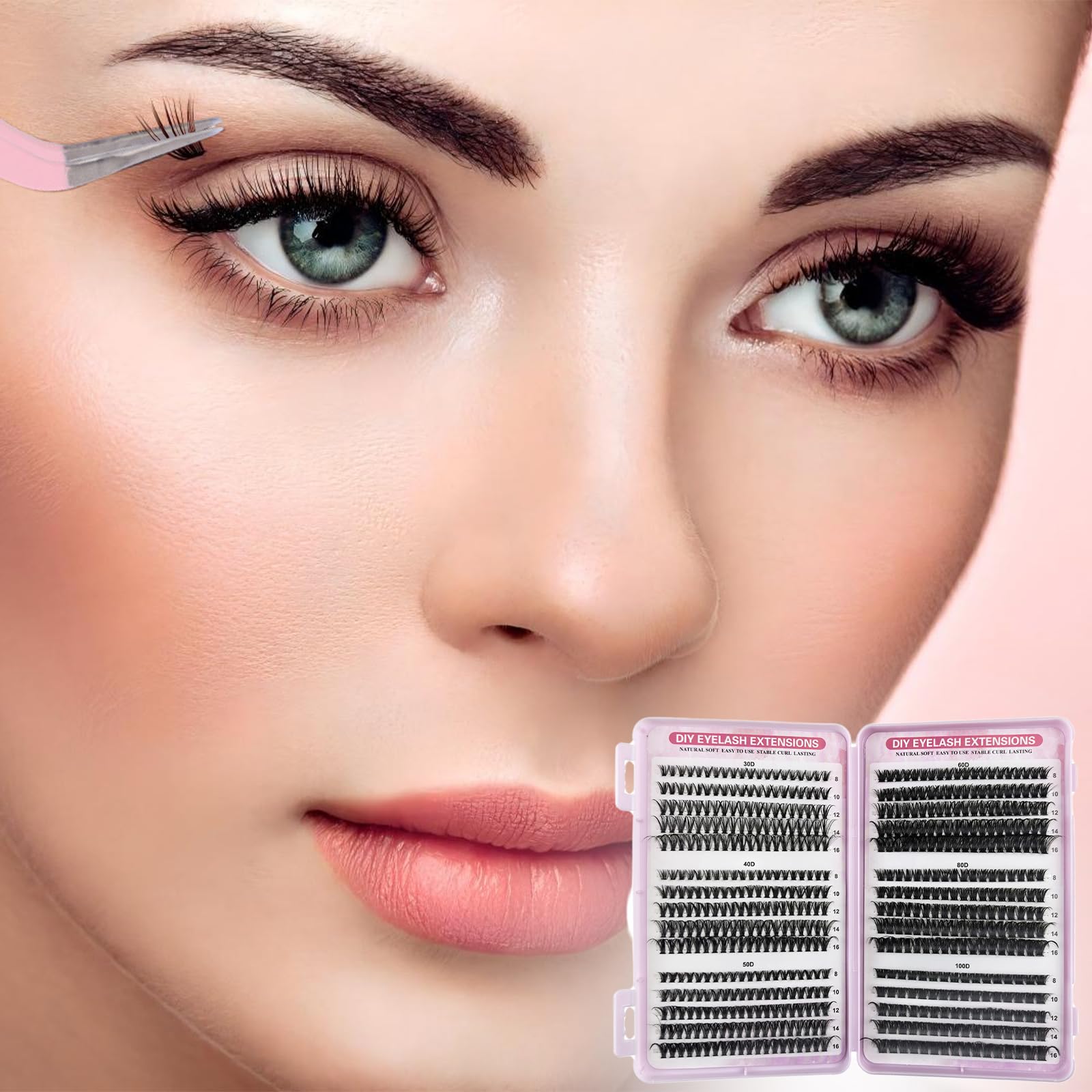 VEGCOO 570 Pezzi Ciglia Finte Ciuffetti, 30-40-50-60-80-100D Kit Extension Ciglia, Curl Ciglia Finte Ciuffetti 8-16mm, DIY Eyelash Extension Kit con Accessori