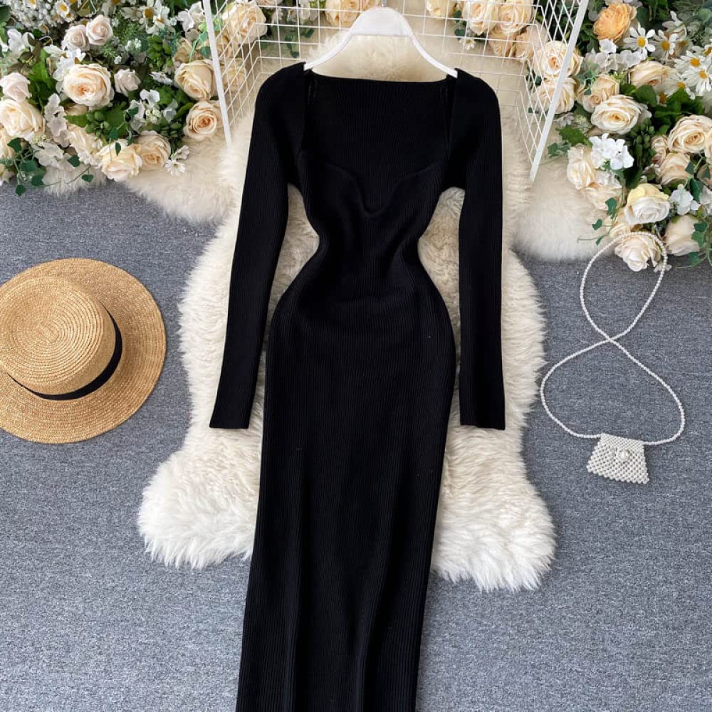 Femme Longues Manches Robe Moulante en Tricot Côtelé sans Bretelles Sexy pour Dames Automne Hiver Robe Pull Mi-Longue À Manches Longues, Noir, Taille Unique