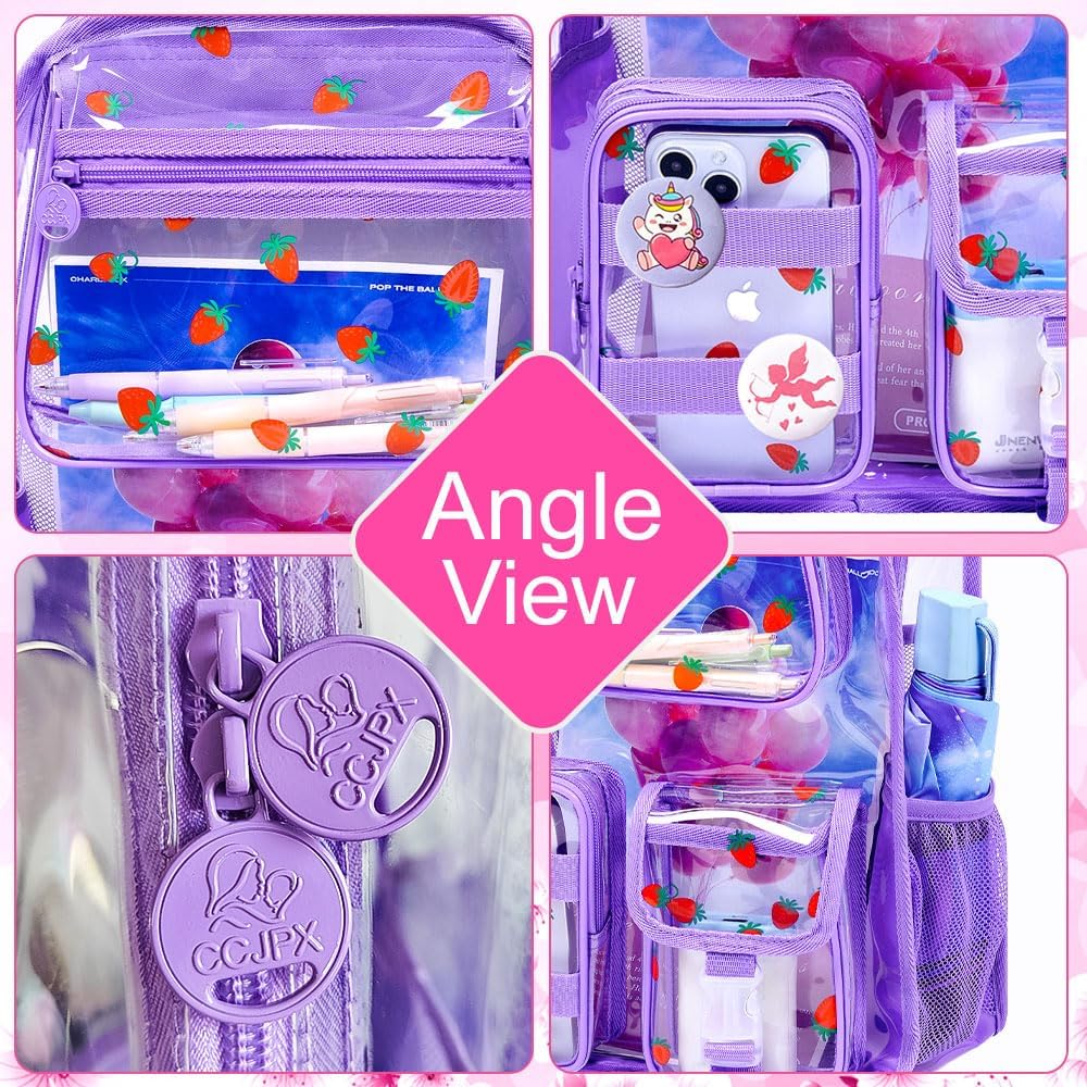 WZLVO Clear Backpack for Girls, 17" Women Heavy Duty PVC Transparent Bookbag, Cute Stadium Approved See Through School Bags for Elementary Preschool - Aesthetic Strawberry Purple