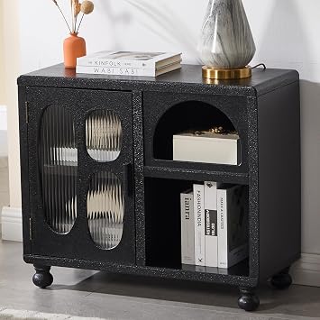 DUOMAY Hollow Display Cabinet with Glass Doors, 31.5" Wide Shallow Sideboard with Irregular Door & 1 Shelve Accent Wood Buffet Cabinet with Storage for Hallway Small Spaces, Black