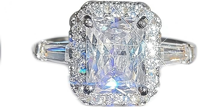 18K White Gold Cushion Cut 3ct CZ Solitaire Engagement Ring Womens Ring 925 Sterling Silver Square Cubic Zirconia Engagement Ring 10