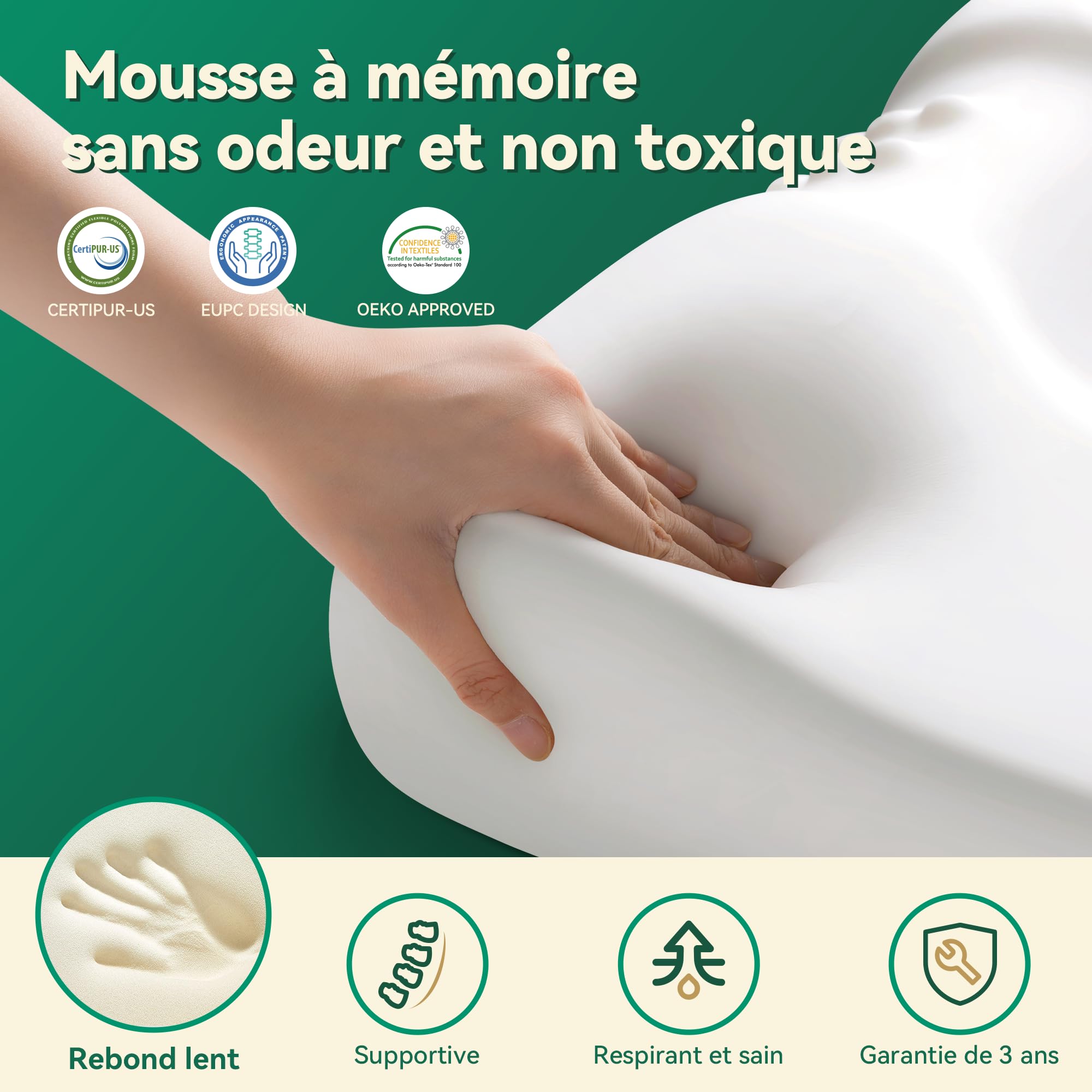 TESQ Cuscino Memory Foam Cuscini Letto Regolabile in Altezza – Ideale per Chi Dorme di Fianco, sulla Schiena o sulla Pancia, Federa Lavabile 40 x 60 cm