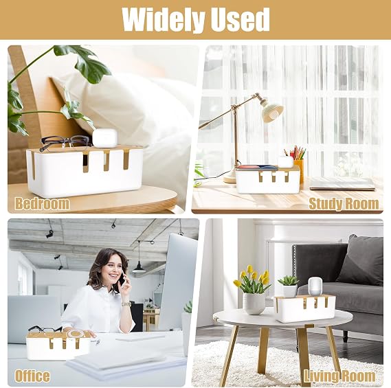 Cable Management Box, Cable Tidy Box with Bamboo Lid, 30x12x11CM
