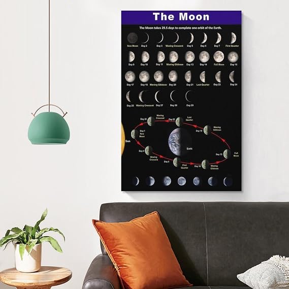 The Moon Poster Educational Moon Phases Poster Canvas Wall Art Aesthetic Decorative Painting Living Roomstyle 12x18inch(30x45cm)