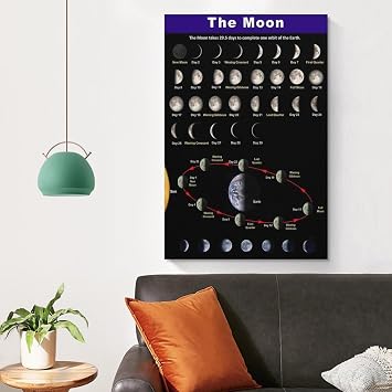 The Moon Poster Educational Moon Phases Poster Canvas Wall Art Aesthetic Decorative Painting Living Roomstyle 12x18inch(30x45cm)