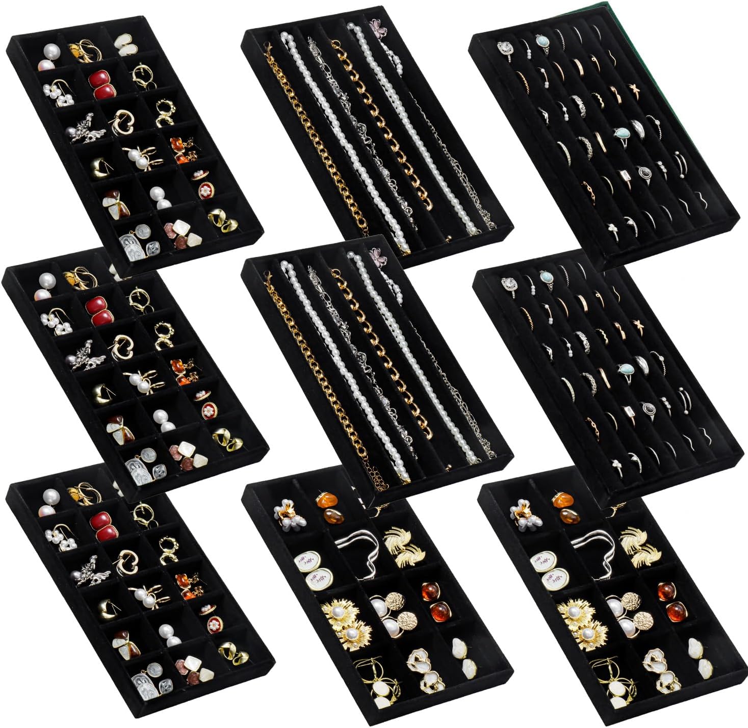 SPAKOWN Jewelry Organizer for Drawer, Adjustable Velvet Jewelry Tray, Stackable Necklace Organizer Earring Holder Organizer Ring Tray Jewelry Storage Display Drawer Inserts Set of 9 (Beige)