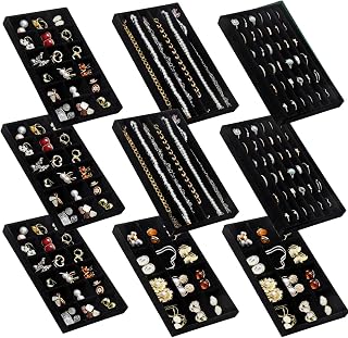SPAKOWN Stackable Jewelry Organizer for Drawer Inserts - Set of 9 Black | Adjustable Velvet Jewelry Tray Necklace Organizer Earring Holder Organizer Ring Tray Jewelry Storage Display Drawer Inserts