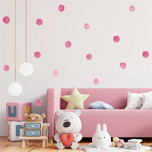 Miniatura 4 de 6 hojas de 72 calcomanías de pared de lunares de acuarela color rojo rosa, calcomanías de pared de arte circular, vinilo extraíble para niños,
