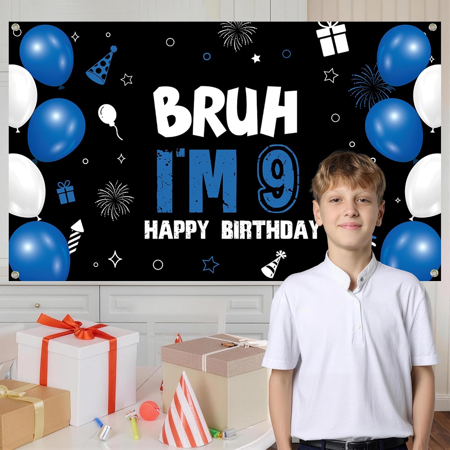 Vlipoeasn Blue 9th Birthday Decorations Set for Boys Girls(35PC) | Bruh I'm 9 Backdrop Banner, Number 9 Balloon, Cake Topper, 9th Birthday Hanging Swirls, 9 Years Old Birthday Party Supplies