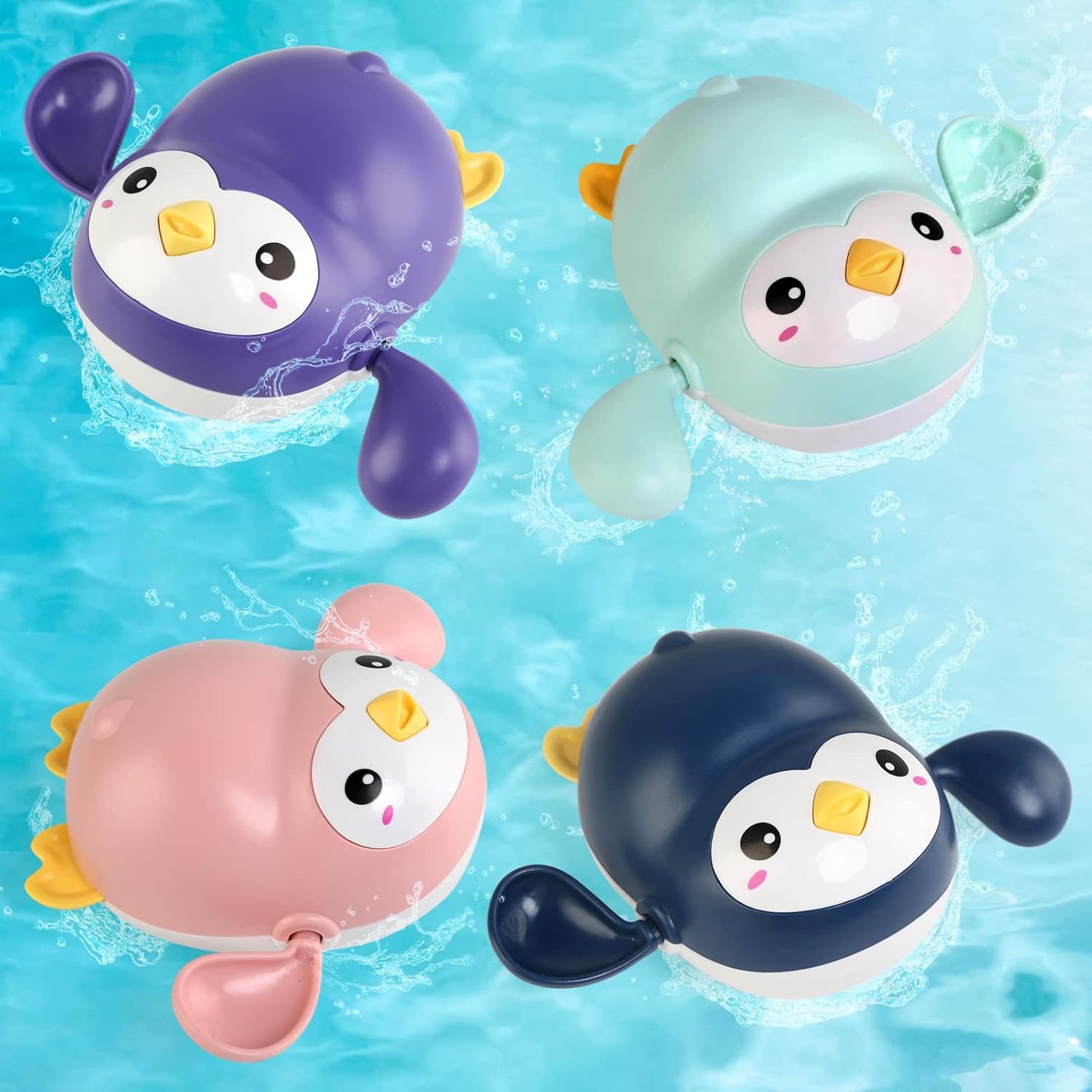 NewStyle Juguetes Baño Bebe, Juguetes Bañera para Bebe Niños Niñas de 1 2 3 4 Año, 4 Piezas Juguetes de Agua Plastico Piscina de Verano Baño Pingüino Juego de Ducha para Pequeños Niños