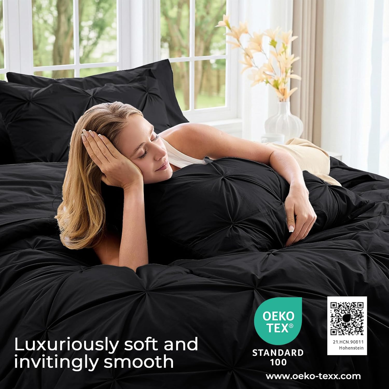 Sasttie Twin Comforter Set, 5-Piece Bed in a Bag, Pintuck Bedding Sets for All Season, Includes Comforter, Flat Sheet, Fitted Sheet, Pillowcase and Pillowsham, Black - Image 3