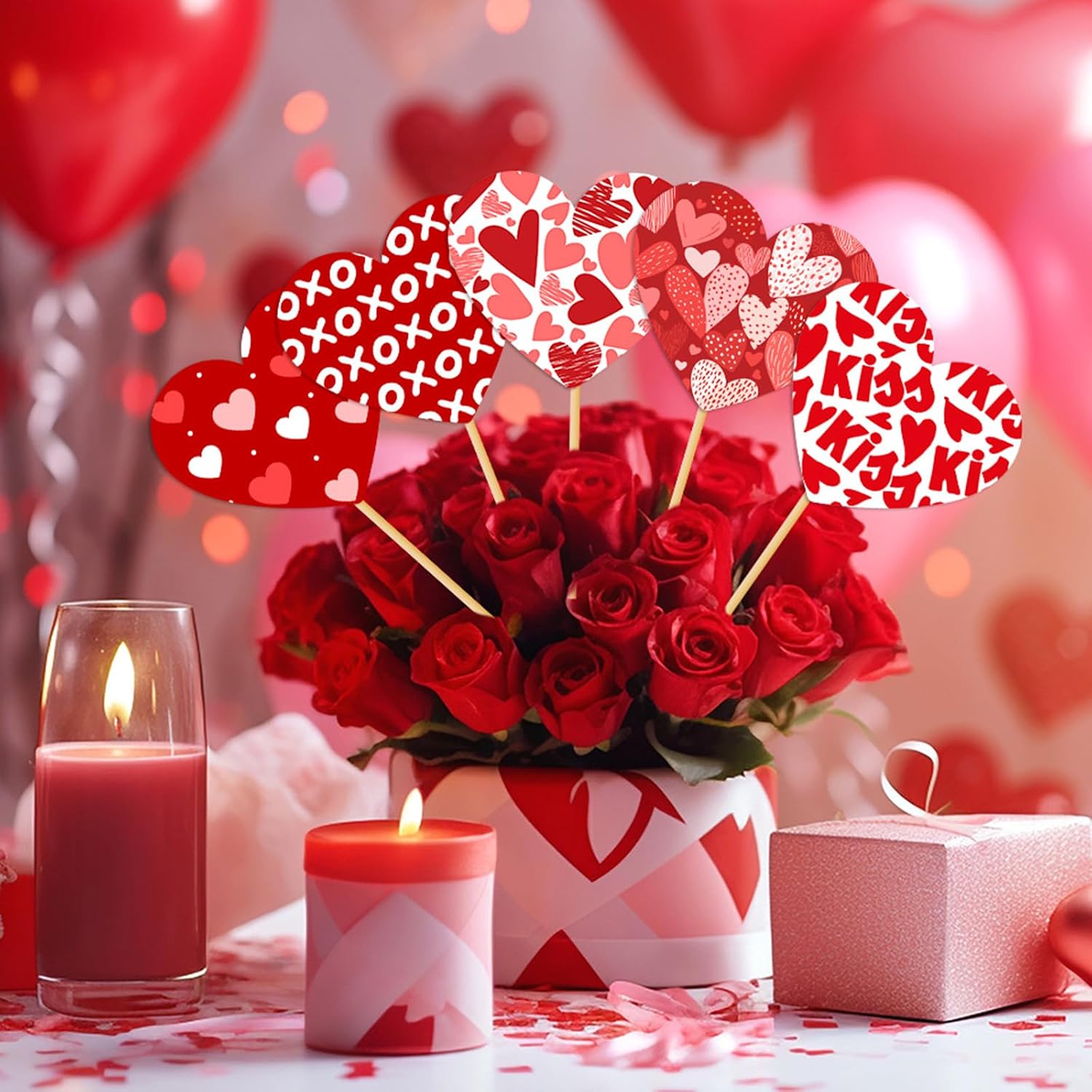 Valentine's Day Heart Floral Picks 15 Pcs Love Heart Centerpiece Sticks Vase Decorations Paper Flower Bouquet Decors for Valentines Anniversary Wedding Home Party Supplies (Heart, Kiss, XOXO)