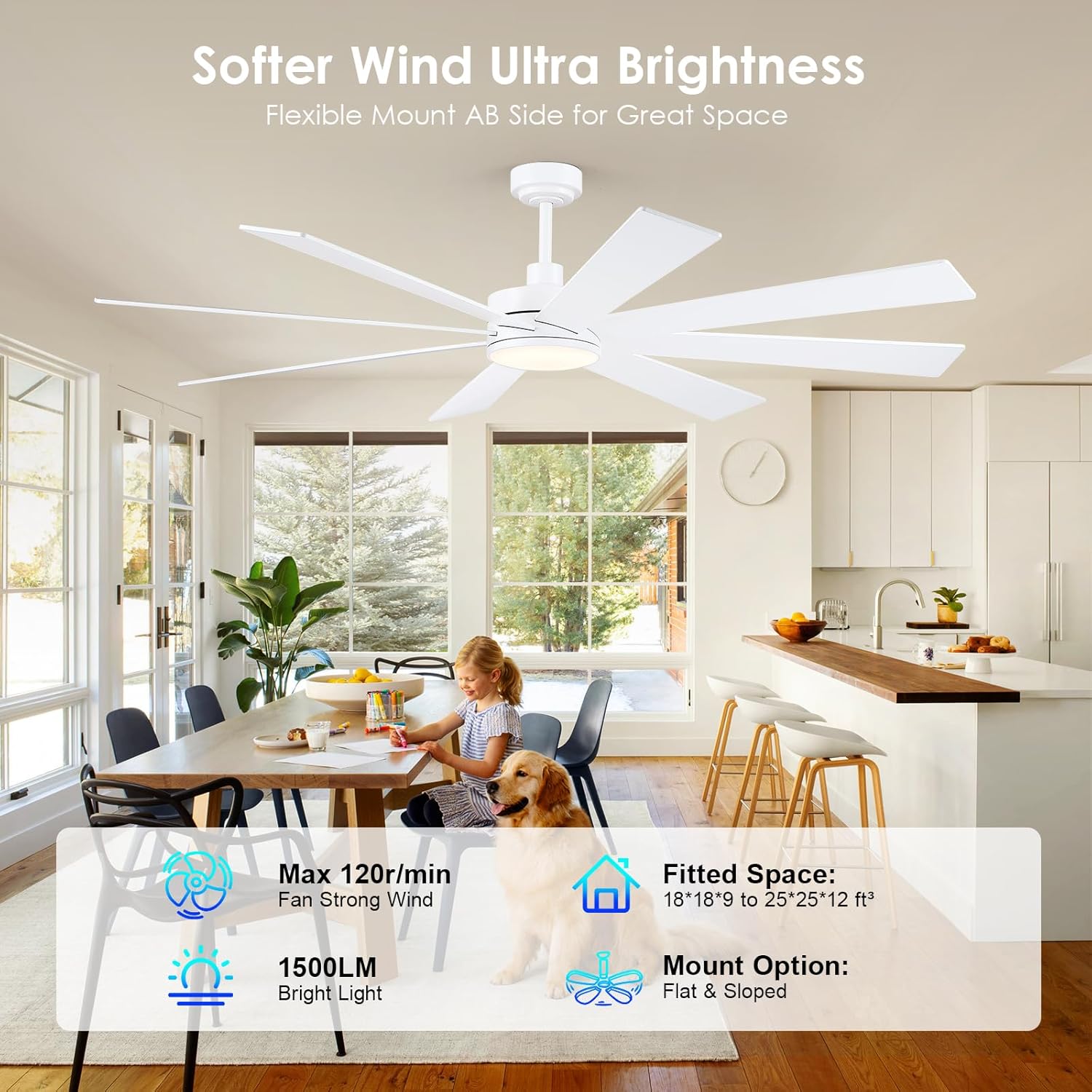 BayDay Farmhouse Rustic Ceiling Fans with Lights and Remote, Bedroom Living Room Kitchen Fans Ceiling with Light Chandier (White, 72 inch)