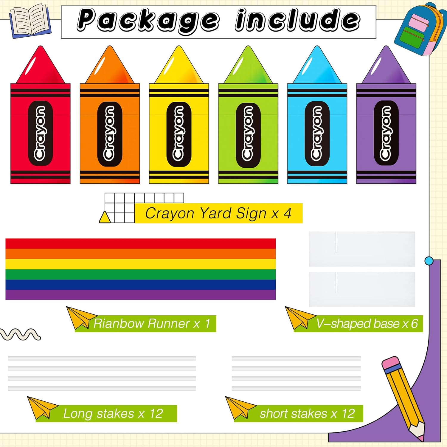 Reallnaive 6 Sets Giant Crayon Yard Sign with Stake and 118 x 39 Inch Rainbow Carpet Card Board Art Theme Party Decorations for Kid Birthday Kindergarten Graduation Back to School and Art Theme Event