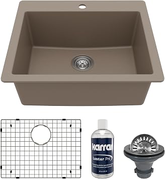 Karran QT-820 Top Mount 25 in. Single Bowl Quartz Kitchen Sink Kit in Concrete