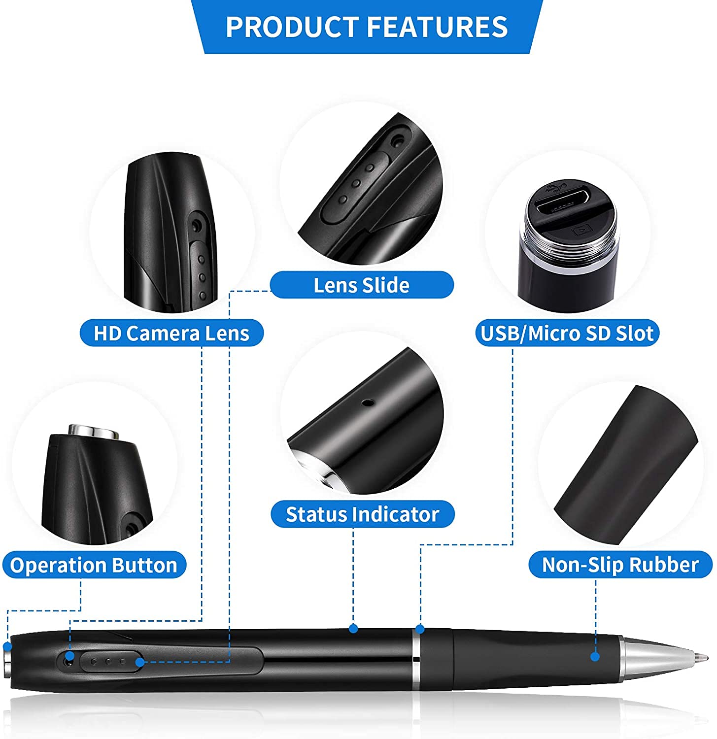 Caméra Espion Caméra Cachée Stylo 1080P Mini Caméra de Poche avec Go Caméra Stylo avec Enregistrement Vidéo Prise de Photo et 150 Mins d'Autonomie de la Batterie Rechargeable (A1-2)