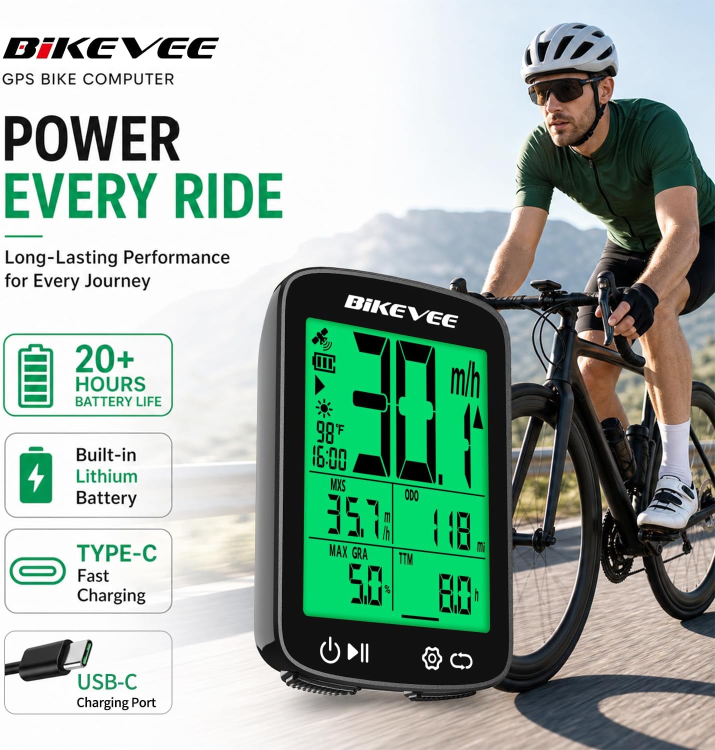 Wireless GPS Bike Computer, 2.4" Screen | IPX7, 28h Battery