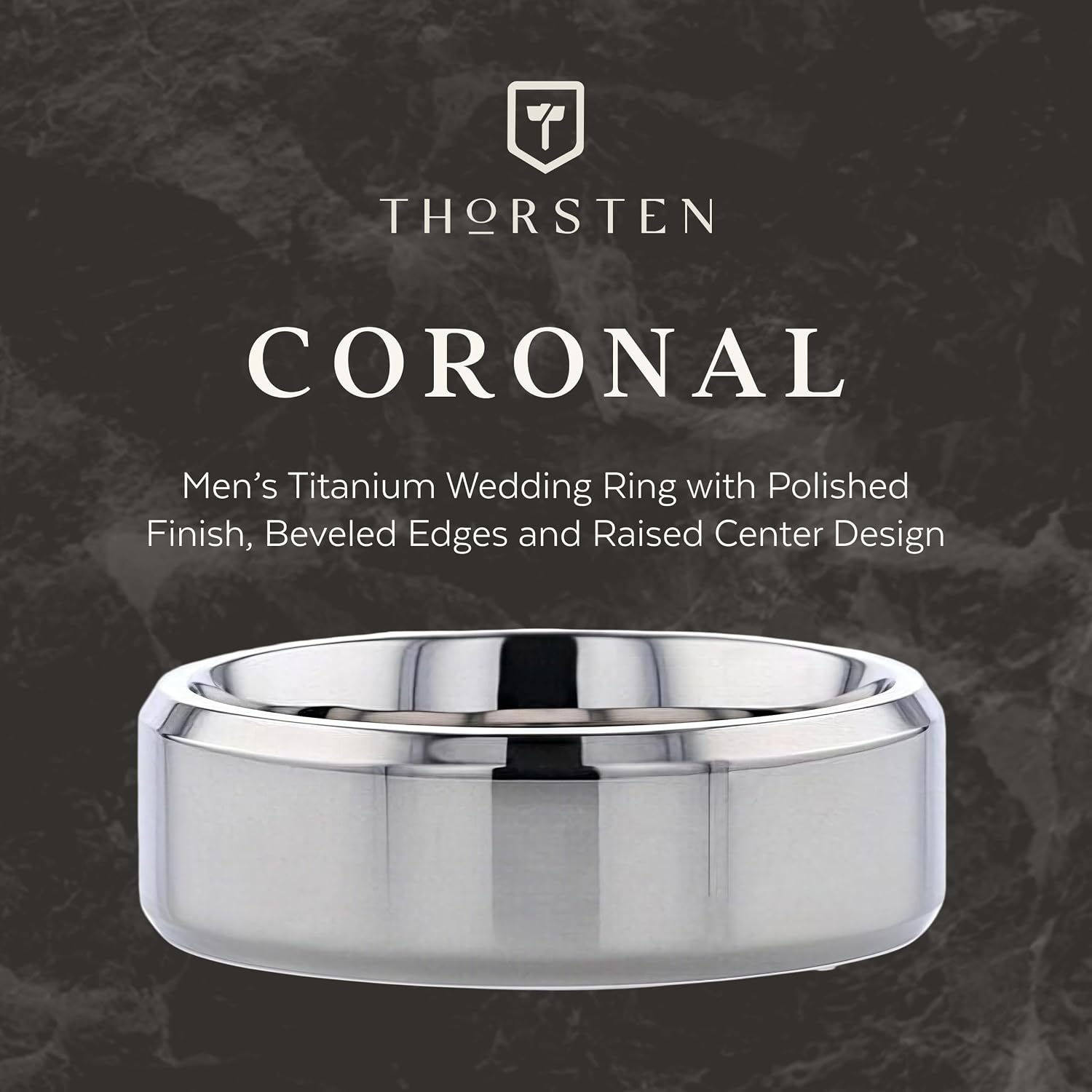 Thorsten CORONAL Men’s Polished Finish Beveled Edges Titanium Wedding Ring with Raised Center - 6mm & 8mm