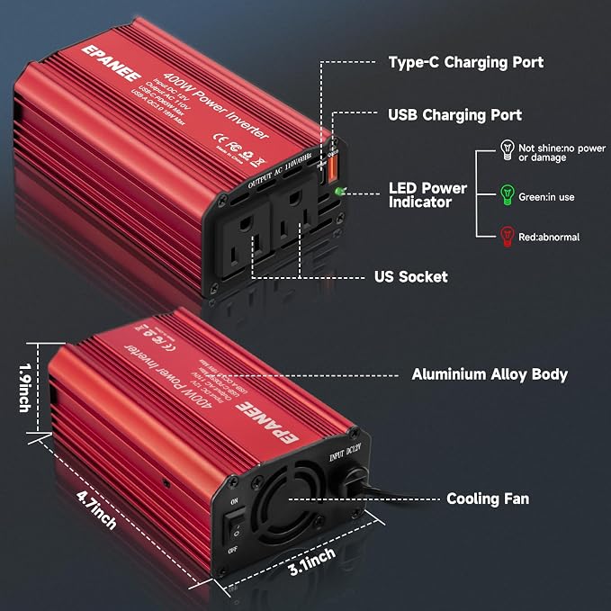 Inversor de Corriente 400W 12V DC a 110V AC con Carga USB-C miniatura 6