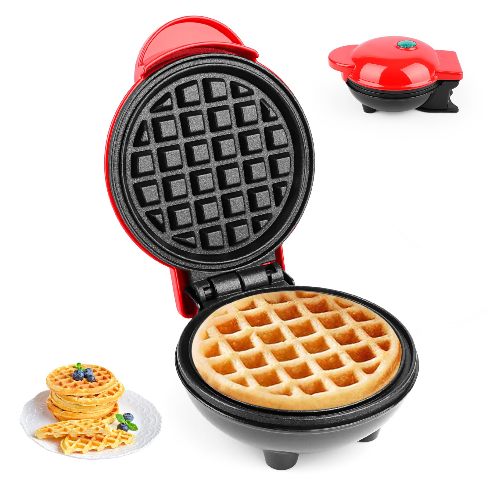 LWMTT Mini gofrera belga, diámetro 10 cm, 220 V | 350 W, clásica, calefacción de doble cara, gofrera de burbujas, una persona, compacta, adecuada para excursiones, color rojo