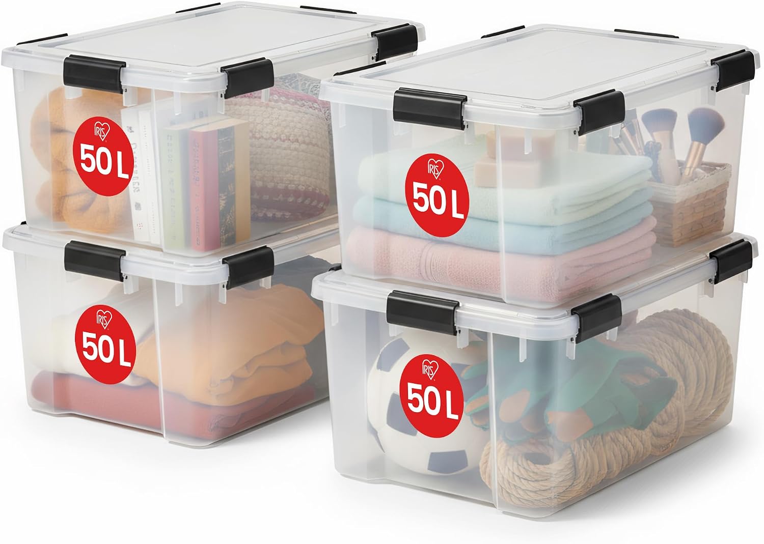 Iris Ohyama Scatole Portaoggetti Ermetiche in Plastica, 50L, Set da 4