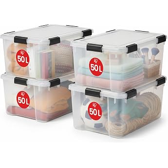 Iris Ohyama Airtight Plastic Storage Boxes with Lids 50 L Set of 4 Clear Hermetic Waterproof Closure Heavy Duty Snap Latches Stackable Dust Protection BPA-Free AT-L