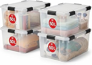 Iris Ohyama Airtight Plastic Storage Boxes with Lids, 50 L, Set of 4, Clear, Hermetic Waterproof Closure, Heavy Duty Snap Latches, Stackable, Dust Protection, BPA-Free, AT-L