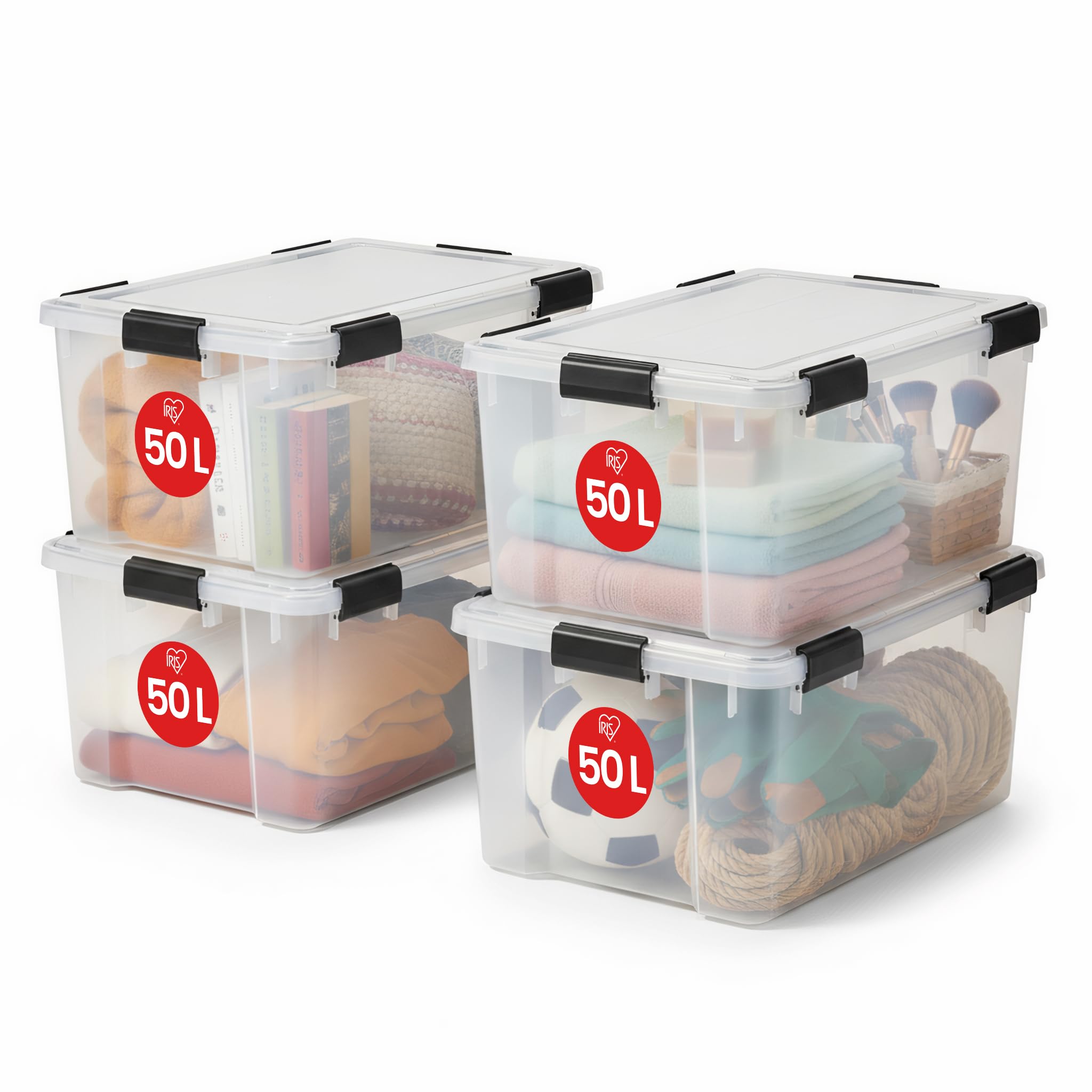 Iris Ohyama Luftdichte Kunststoff-Aufbewahrungsboxen mit Deckel, 50L, 4er-Set, Transparent, Hermetischer wasserdichter Verschluss, Robuste Schnappverschlüsse, Stapelbar, Staubschutz, BPA-frei, AT-L
