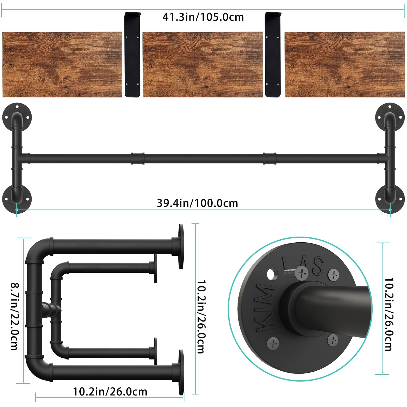 Yawinhe 105cm Tringle à Vêtement Industriel avec Étagère,Noir et Marron | Porte Manteau Mural, Portemanteaux Mural Suspendue avec Barre,Étagère de Rangement Parapluie, Chapeau et écharpe