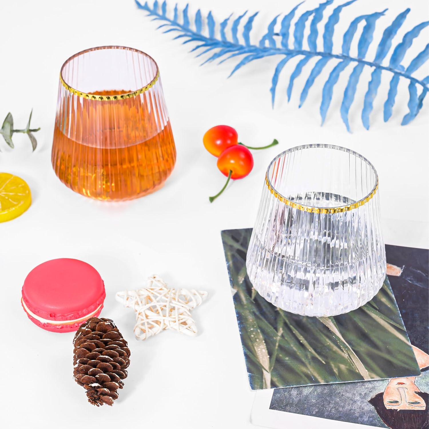 40 Pcs Origami Ripple Plastic Wine Glasses with Gold Rim12 Oz Unbreakable Stemless Clear Ribbed Cups Disposable Champagne Whiskey Glasses Plastic Cups for Party, Wedding, Bar, Home, Office, Daily Use