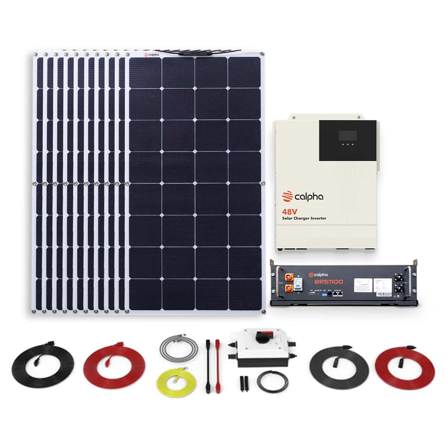 Calpha 1kW 5.12kWh Complete Solar Panel Kits: 1000W Flexible Panels + 51.2V 100Ah LiFePO4 Lithium Battery + 5kW Integrated Solar Inverter + Accessories, 48V System - Floor-Standing