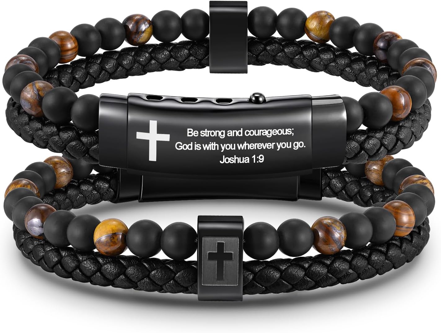 Men's Christian Cross Black Leather Bracelet Gifts for Men, Double-Row Braided Leather Cross Bracelet Bible Verse Agate Onyx Beaded Bangle Gifts for Son Grandson Husband Boyfriend Brother