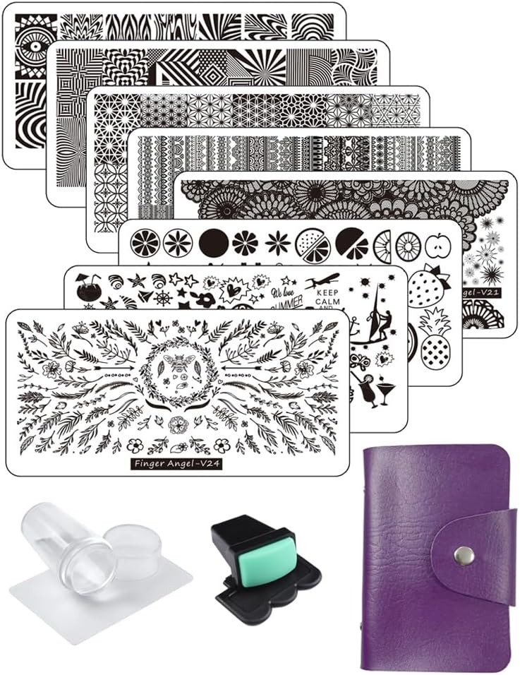 8pcs Nail Stamp Plates + Nail Stamper with Scraper+ 1 Pcs storage bag Nails Art Stamping Plate Scraper Stamper Set Leaves Flowers Animal Template Image (V17-24)