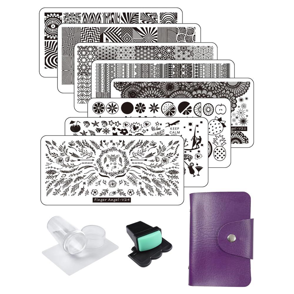 8pcs Nail Stamp Plates + Nail Stamper with Scraper+ 1 Pcs storage bag Nails Art Stamping Plate Scraper Stamper Set Leaves Flowers Animal Template Image (V17-24)