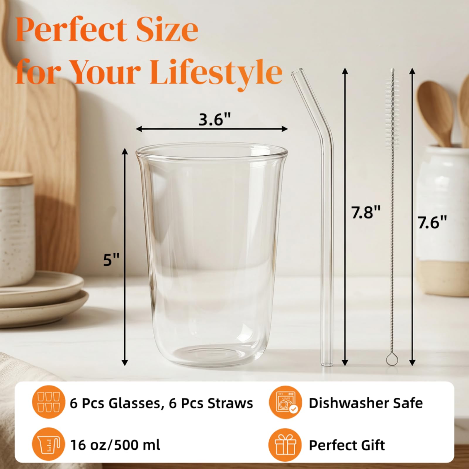 6 Trinkgläser mit Strohhalm, 473 ml, klares Wasserglas-Set | Bleifreie Highball-Glasbecher für die Küche, Glaswaren für Saft, Getränke, Cocktail, Eistee, Kaffee, Limonade