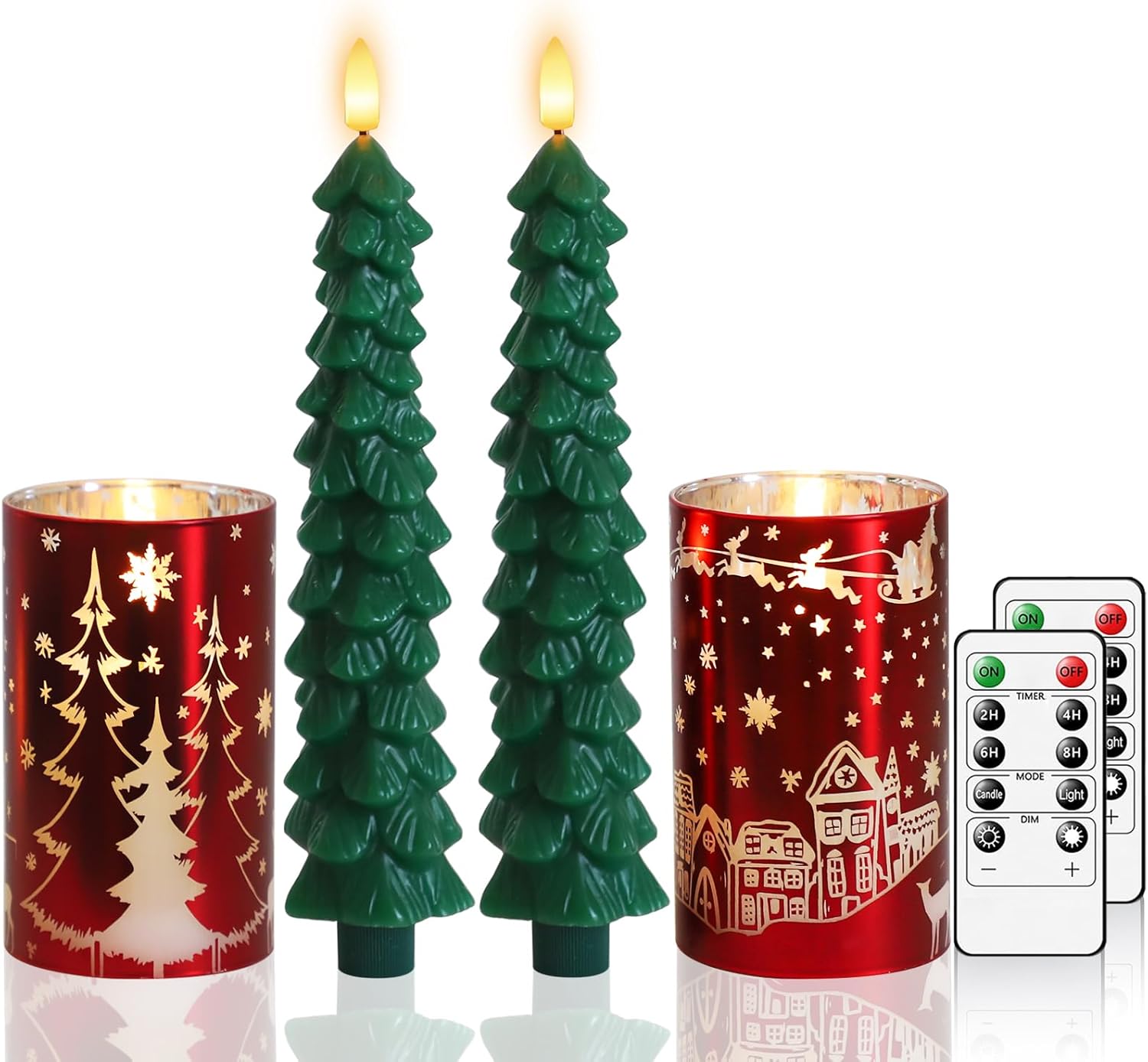 Christmas Tree Shaped Flameless Candlesticks Battery Operated with Remote and Timer, Set of 4 Real Wax Candles Warm Color Flickering Light for Xmas Decoration Gift Red