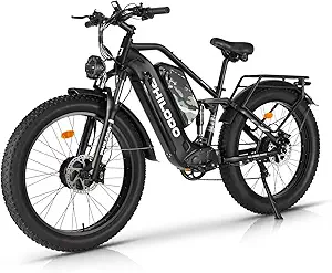 PHILODO Electric Bike for Adults, Dual Motor 3000W Peak Fat Tire Ebike Dual Battery Electric Bicycles 46AH with Full Suspension 26inch Dirt Bike for Off-Road Mountain Snow 100 Miles