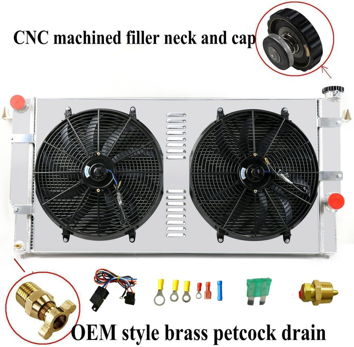 3 Row Aluminum Radiator for 1994-2002 Dodge Ram 2500/Ram 3500 Cummins 5.9L Turbo L6 Diesel 1995 1996 1997 1998 1999 2000 2001,Full Aluminum Radiators+Shroud Fan+Relay