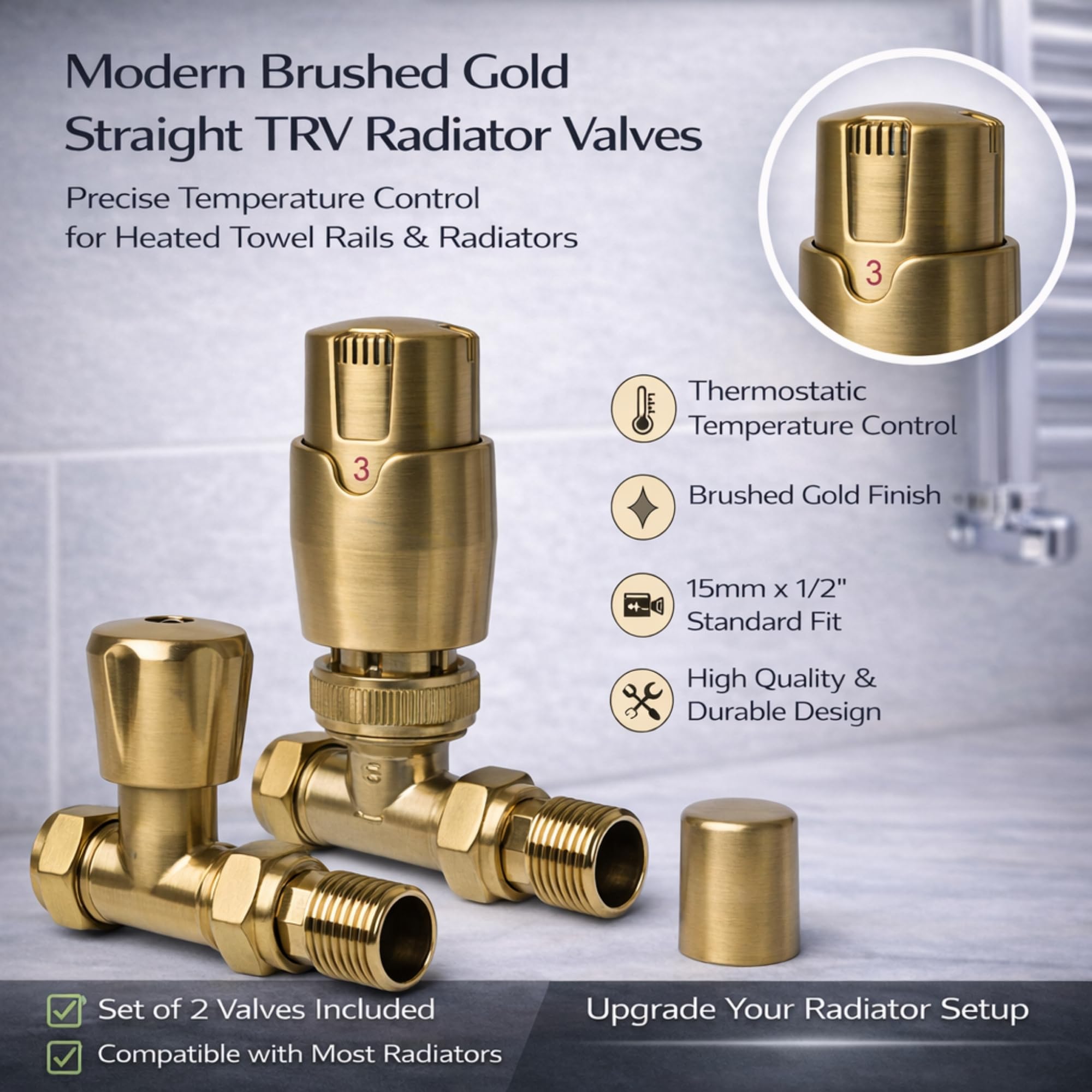 Coppia di valvole termostatiche dorate per termosifone, design moderno, design moderno, 15 mm, set da 2
