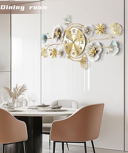 Miniatura 5 de Reloj de pared para sala de estar, reloj de pared silencioso decorativo, diseño retro 3D de hoja de ginkgo de metal, para oficina, dormitorio,