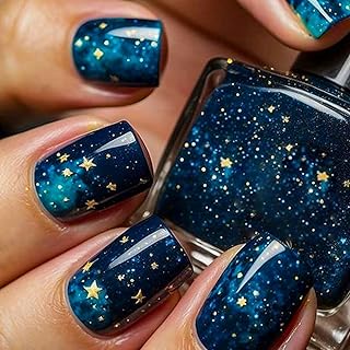 Starry Sky Press on Nails Short Square Dark Blue Fake Nails with Stars Design Reusable Artificial Nails Coffin Shape False Nails Full Cover Glossy Acrylic Nails for Women Manicure 24PCS
