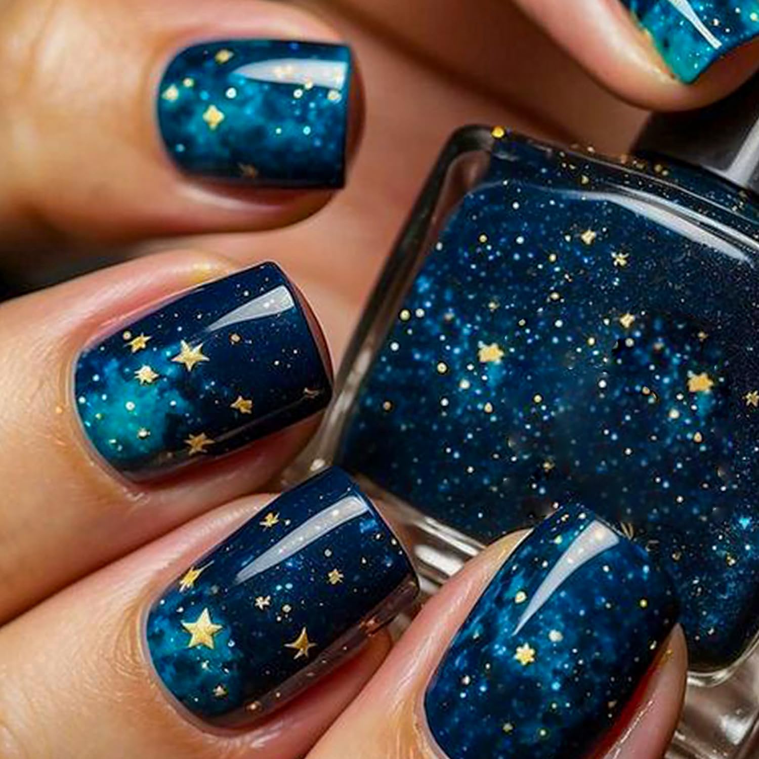 Starry Sky Press on Nails - Dark Blue Acrylic Short Square