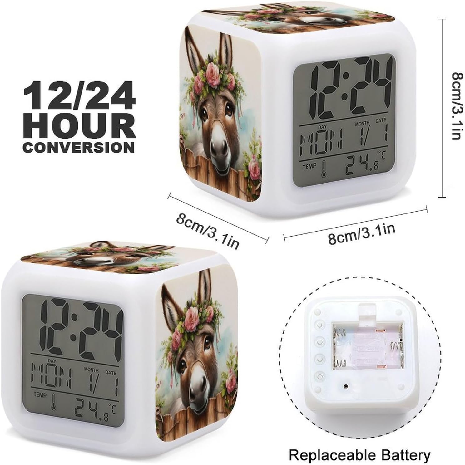 Night Light Alarm Clock, 7 Color Changing, Donkey with Flower image 3