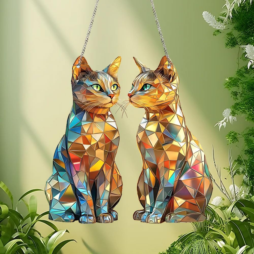 Two Cats Stained Window Hanging Ornament, Kittens Shape Stained Acrylic Double-Sided Printed Window Panel, Great Gift for Mom Grandma Animal Lover for Birthday Mother's Day or Housewarming