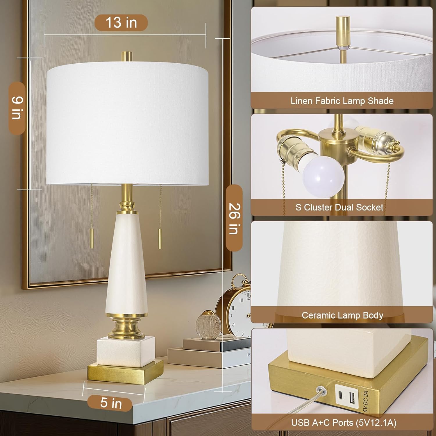 26" Bedside Table Lamps Set of 2, Ceramic Lamps for Living Room Nightstand with USB A+C Ports, Pull Chains Dual Switch, Modern Lamp with Linen Shade for Bedroom Office Home (Bulb Included)