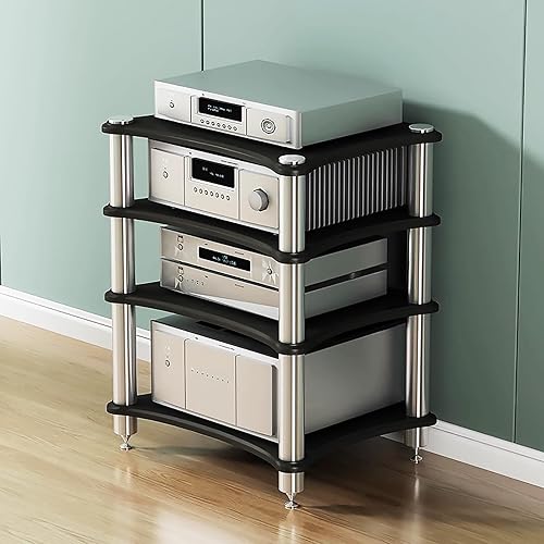 4 Tier AV Media Stand Stereo Rack, Corner Audio-Video Shelving for Entertainment, TV Stereo Stand Network Server Rack, Stereo Cabinet Media Shelf for Home Game Console DVD Player