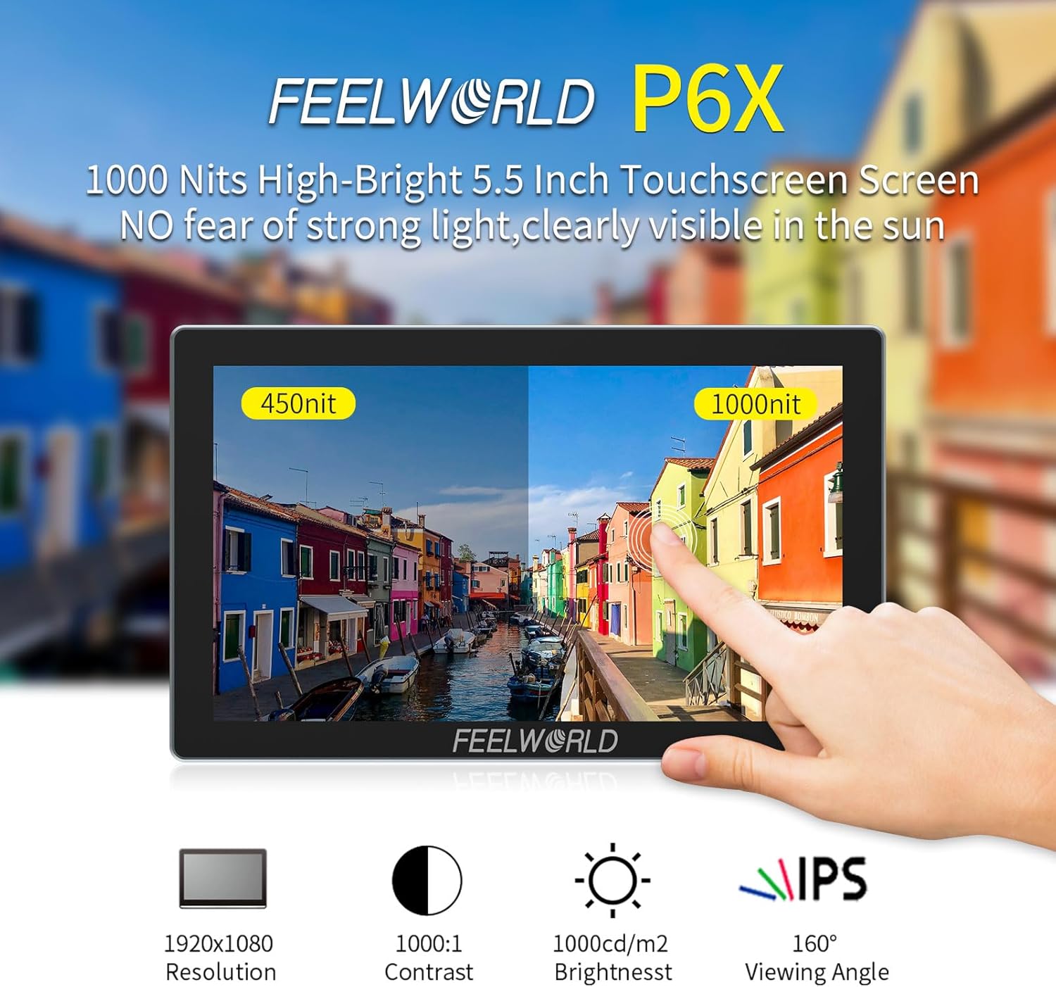 FEELWORLD P6X 5.5-Inch Touchscreen Camera Monitor 1000Nit Camera Field Monitor, Supports 4K 60Hz,3D LUT, HDR,Waveform Aluminum Casing 9:16 Marker